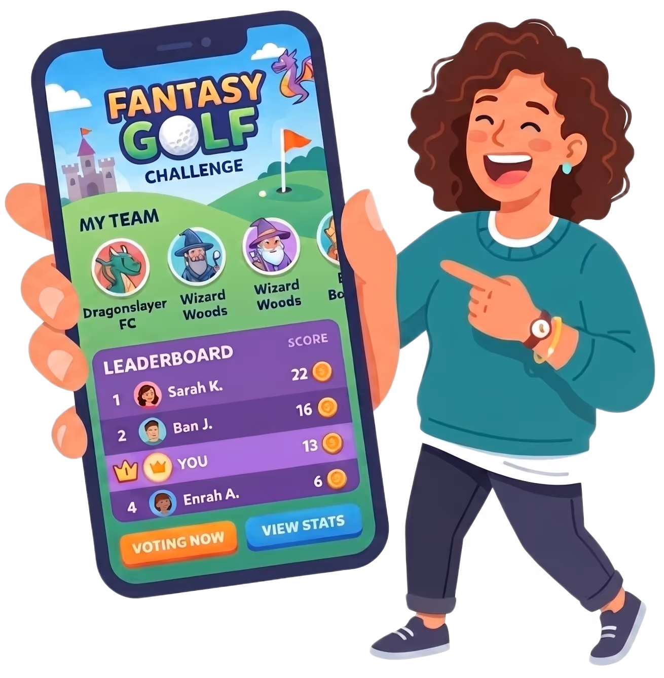 Fantasy Golf app: team and leaderboard on a phone